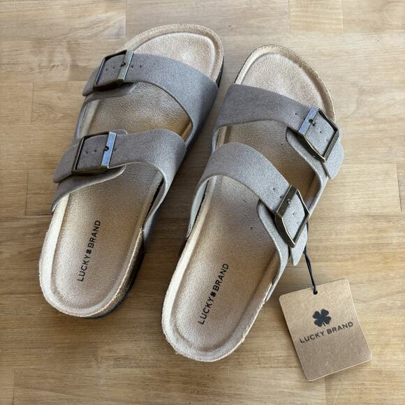 LUCKY BRAND Cork Comfort Slide Suede Sandals Strap Buckle Slip On Gray Sz 9 M US - Picture 2 of 6